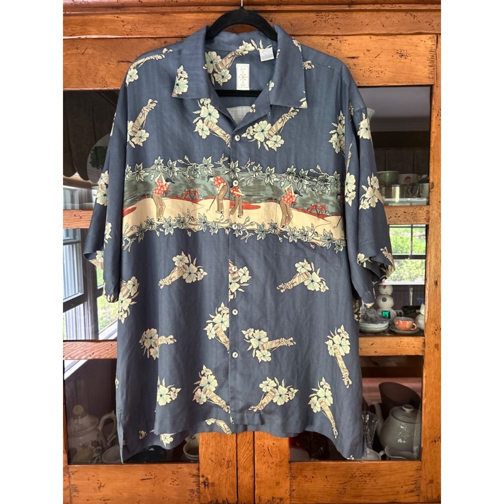 Burma Bibas Shirt Mens Size Large Blue Floral Golf Print Button Up 100% Silk